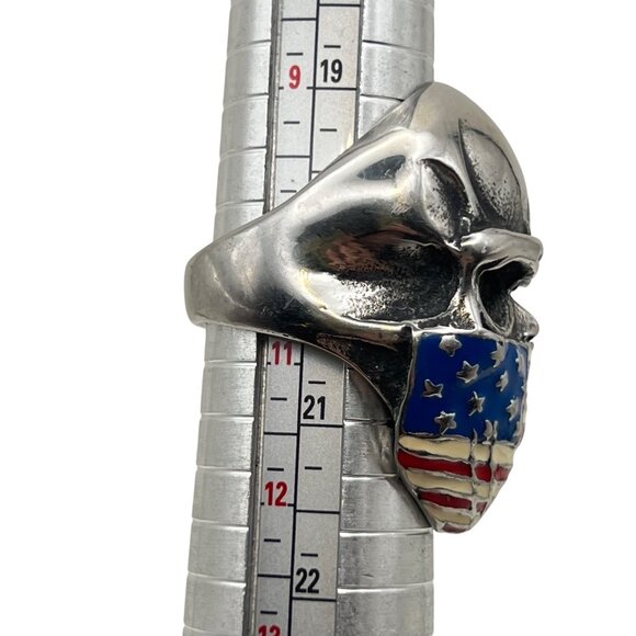 American Flag Skull Mask Stainless Steel Ring Size 10.5 Biker Skeleton Goth USA - Picture 7 of 9